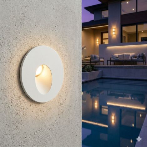 Faretto segnapasso LED da incasso rotondo 1.5W IP54 bianco in alluminio luce inclinata verso il basso foro 42mm parete interno esterno luce calda 3000K
