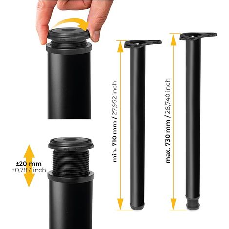 Adjustable table legs Ø60 x 710 mm, steel table legs, height adjustment 710-730 mm, black (1/3)