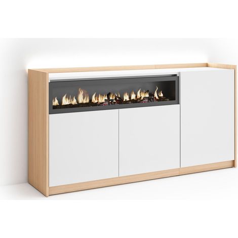Skraut Home - Aparador para salón, Gran capacidad de almacenaje, 156x37x80cm, 3 Puertas, Chimenea eléctrica, LED, Estilo Moderno, Blanco y roble soft (1/5)