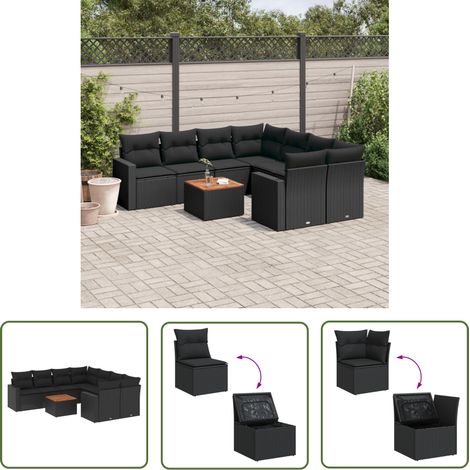The Living Store 9-tlg. Garten-Sofagarnitur mit Kissen Schwarz Poly Rattan - Gartenmöbel - Outdoor Möbel - Rattan Gartenmöbel - PE-Rattan - Esstisch Set (1/5)
