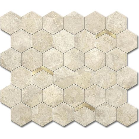 Carrelage à peler et coller pour dosseret, carrelage pour dosseret de cuisine à peler et coller Panneaux muraux hexagonaux en marbre (10 pièces, Beige Or) (1/5)