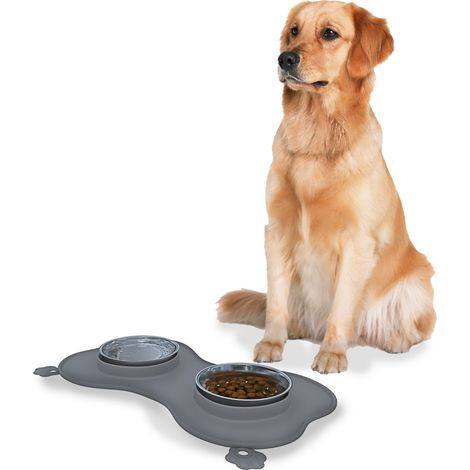 2 Ciotole 17 cm acciaio inox cane gatto tappetino in silicone grigio antiscivolo