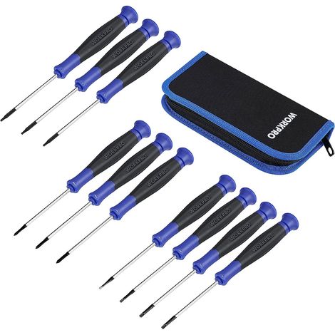 Workpro – Lot de 10 tournevis de précision en acier Cr-V – Embouts cruciforme, plat et Torx – Pointe magnétique pour visser en série – Sac de rangement inclus