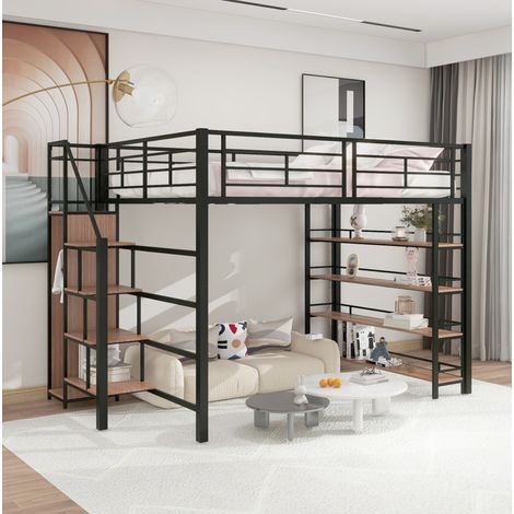 Hochbett 140x200 cm schwarz aus Metall mit Stauraumtreppe, Kleiderschrank und hohem Schutzgeländer (1/5)