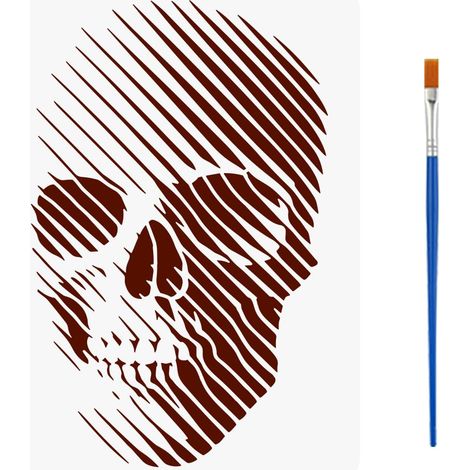 Pochoir de Peinture Squelette Linéaire 3D Avec Pinceau 21x29.7cm Modèle de Dessin de Crâne Tridimensionnel Thème Crâne Pochoir de Décoration D'Halloween pour Bois Mur Tissu Meubles (1/5)