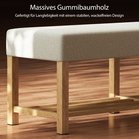 Banc à chaussures en bois massif 140 cm, banquette moderne rembourrée pour 2 personnes, assise capitonnée, teinte bois naturel et blanc crème, meuble d'entrée élégant. (1/5)