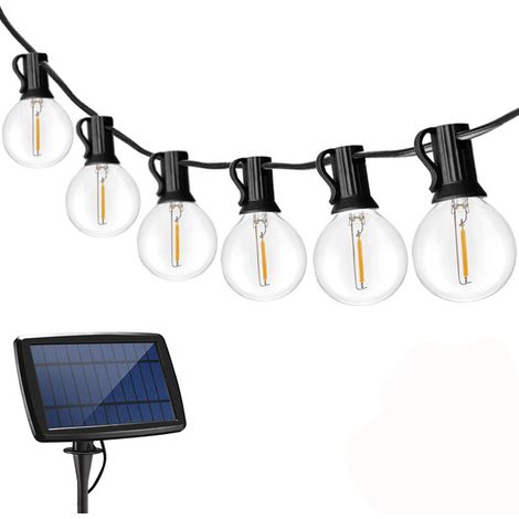 Guirnalda de luces solares G40 para exteriores, 30 LED E12, luz blanca cálida de 2700K, control remoto, resistente al agua IP44 (luz blanca cálida). (1/5)