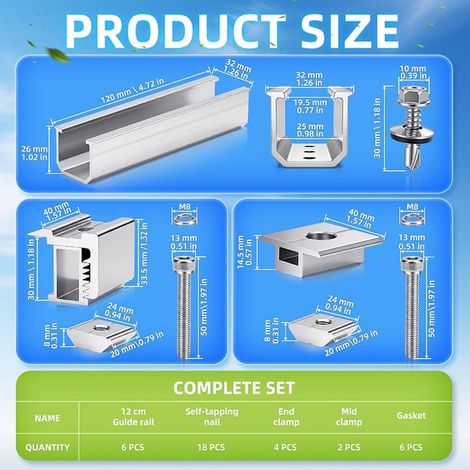 Support panneau solaire pour 2 modules, kit de montage panneau solaire rails profilé en aluminium 12 cm pince réglable pour modules de 30 à 35 mm épaisseur, pour toit plat, trapézoïdal (1/3)