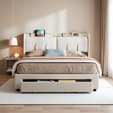 Cama doble 160x200 cm, Cama hidráulica con LED y USB, Cajones 2 en 1, Somier de láminas, Listones de madera, Cabecero con espacio de almacenaje, Terciopelo beige (1/5)