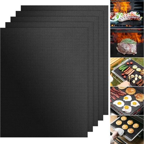 Tapis de Cuisson Barbecue, Lot de 5 Tapis de Cuisson Reutilisable, Anti-Adhérent Tapis BBQ Barbecue Plaque Feuille de Cuisson Four Accessoire pour Barbecue à Gaz Charbon Electrique 40 x 33cm (1/4)