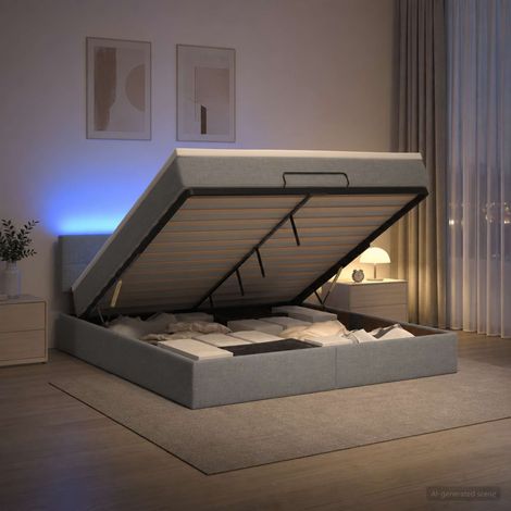 Lit coffre avec matelas et LED Gris clair 140 x 200 cm Tissu (1/5)