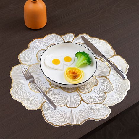 Placemat - PVC - Non-Slip - Washable - Heat-Resistant - Blue With Gold Floral Pattern - For Kitchen Dining Table Picnic Garden - Set Of 6 (1/5)