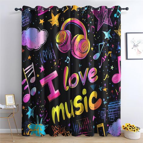 Rideau Occultant Musique - Décoration Musique, Rideau Thermique Motif Rock Néon, Lot de 2 Rideaux Opaque à Oeillets pour Fenetre Chambre Salon, 140x160 cm (LxH) Q419 - 2x L 140 X H 160 cm (1/5)