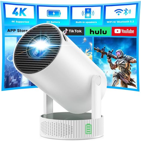 Portable Projector Compatible 4K with Battery, Mini Projector with Android TV 11 WiFi 6 Bluetooth Battery 3H, Rotation 220° Auto Keystone, Overhead Projector Cinema Home Outdoor Camping (1/5)