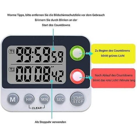 Doppelter digitaler Küchentimer, Timer mit einstellbarer Lautstärke und Alarmfunktion, Kochtimer, Stoppuhr, großes LCD-Display