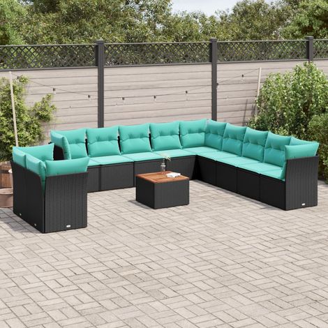 Salon de jardin 12 pièces avec rangement, résine tressée noire et coussins bleus - PANGIVO (1/5)