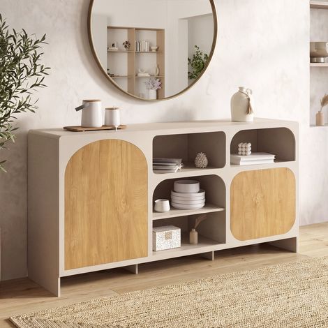 Aparador ATHENA de 160 cm, con 2 puertas y 4 nichos, diseño orgánico en color beige y efecto madera (1/5)
