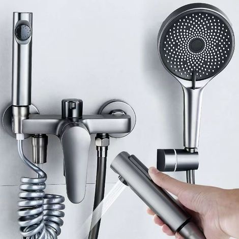 Gunmetal gray all-copper water-plated simple split shower head for home bathroom and toilet use - gunmetal gray [with wall mount]