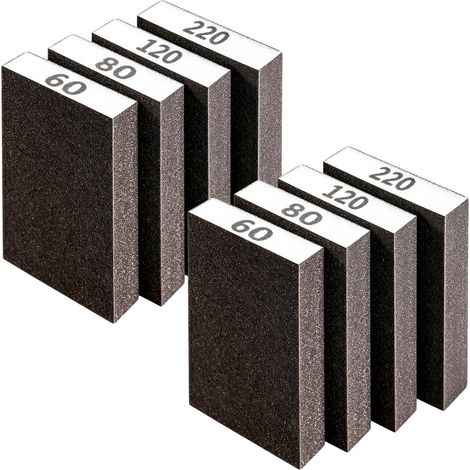 Lot de 8 éponges abrasives - 4 grains de papier abrasif - 60, 80, 120, 220 - Grain sec et humide - Bloc abrasif grossier et fin - Éponges abrasives lavables et découpables - Éponges abrasives pour (1/5)