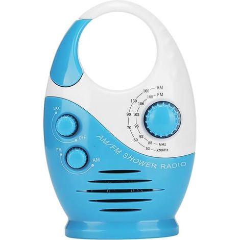Radio de ducha impermeable, altavoz portátil AM/FM con volumen ajustable, asa superior para colgar, mini radio a pilas para baño, cocina y uso en exteriores. (1/5)