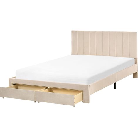 Letto matrimoniale moderno UE 140 x 200 cm con cassetti Testiera Velluto Rivestimento Base a doghe Beige Lonzac (1/5)
