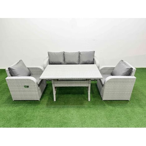 Fimous PE Rattan Garden Furniture Set Reclining Chair Sofa Lounge Sofa Set Rectangular Dining Table Light Grey (1/4)