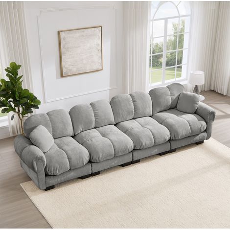 Sofá modular de chenilla gris claro con asientos gruesos y reposabrazos curvos (1/5)