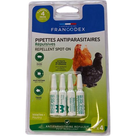 Pipettes insectifuges pour poules, oies et canards – Extraits de margosa et pyrèthre – 4 pipettes de 0,4 ml – Action répulsive renforcée – Francodex