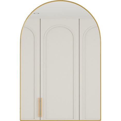 Mobile specchio ad arco con struttura in metallo e ripiani in vetro, oro, 91 x 61 x 12 cm (1/5)