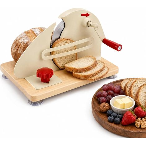 Brotschneidemaschine Manuell Edelstahl mit Kurbel, Einstellbare Scheibendicke (0–28 Mm),Rutschfest durch Saugnäpfe,Holzsockel für Haushalt, Bäckerei, Café (1/5)