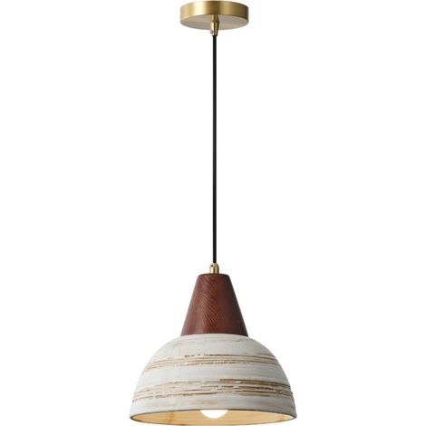 Suspension en céramique rustique avec finition bois, douille E27, câble réglable 150cm, luminaire vintage Japandi pour salon, chambre, salle à manger ou café (23cm) (1/5)
