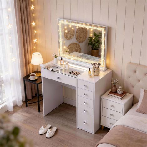 FENCHILIN Coiffeuse avec Miroir LED Bluetooth 6 Tiroirs Blanc 92 x 55 x 139 cm