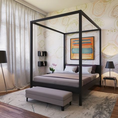 Le Quai Des Affaires – Lit double baldaquin ROMANCE 140x190 cm – Structure en sapin massif – Finition noire – Dimensions hors tout 199x147x210 cm (1/4)