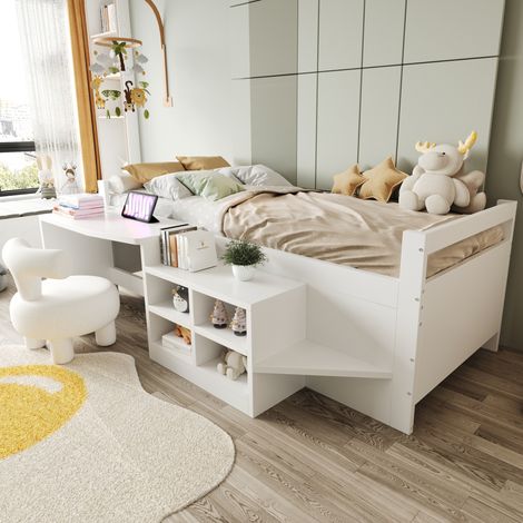 Letto bambini 90x200 cm in legno con scrivania, vani portaoggetti e presa elettrica, senza materasso, bianco (1/5)