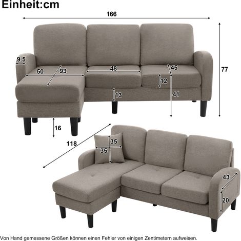 Canapé en forme de L avec chaiselongue – Canapé pour 3 personnes, dimensions : 166 x 118 x 77 cm. Matériau du canapé : coton-lin, matière respirante. Structure en plastique. Design modulaire. Idéal po (1/5)