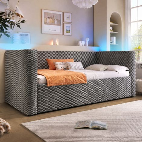 Divano letto 90x200 cm in velluto grigio con contenitore e LED, FloraGrace (1/5)