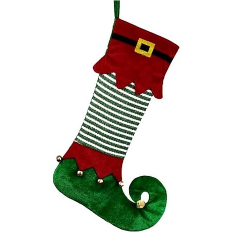 Chaussette de Noël Elfe, Bas de Noël, Bottes d'Elfe, Suspendue à la Cheminée avec Cloches, Décoration de Chaussette Verte, Rouge et Blanche pour Arbre de Noël, Cadeau, Ornement de Fête de Famille (1/5)