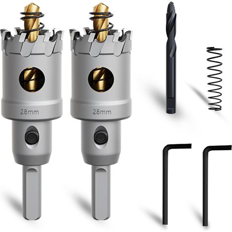 2-teiliges 28-mm-Hartmetall-Lochsägenset mit extra nitriertem Führungsbit und L-Schlüssel für Stahl, Eisen, Aluminium und Metall. (1/4)