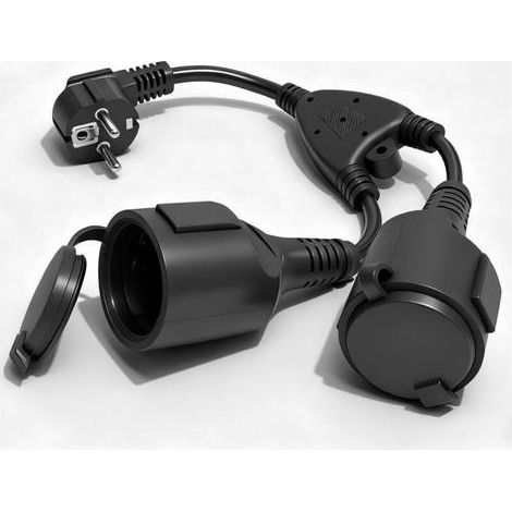 Plug Double for Plug, Extension with 2 Socket, 2 in 1 Adapter Plug Distribution 2 Channels Schuko, Sealing IP44 Double of Protection for Home, Desk, Trips, 16HAS/250V/4000W, Black (1/5)