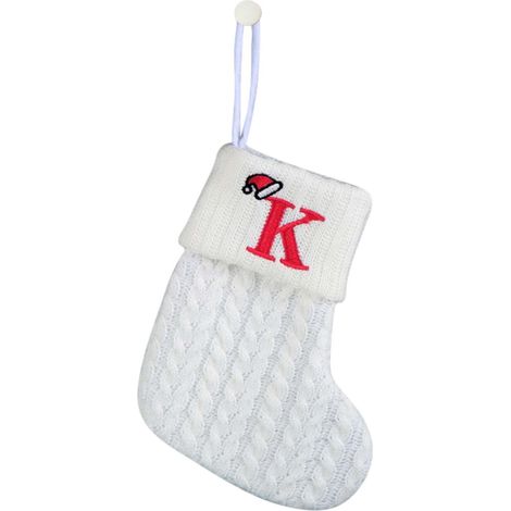 Chaussette De Noël - Tricotée En Polyester - Brodée Lettre Initiale - Blanc - 18 X 15 Cm - Décoration Festive Pour Maison (1/2)