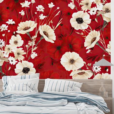 Papier peint floral fleurs sauvages sur rouge intense 1 - 150 x 250 cm (1/2)