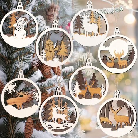 Set di 16 decorazioni natalizie, decorazioni in legno, ganci rotondi, ornamenti in legno da appendere. (1/5)