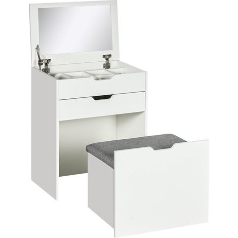Consolle Trucco 60x40x114 cm con Specchio e Sgabello in Legno Bianco (1/5)