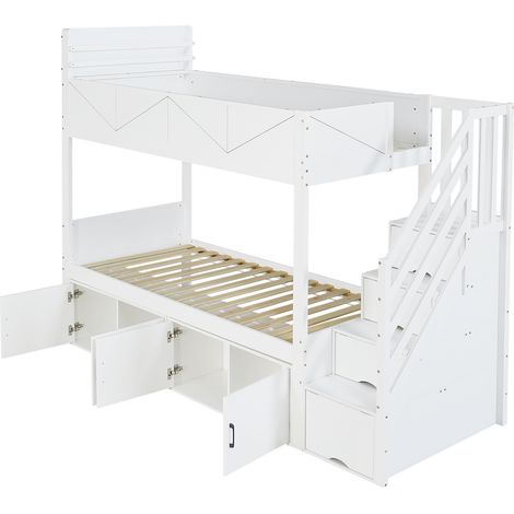 Letto a castello bianco 90 x 200 cm con scala contenitore e armadietti (1/5)