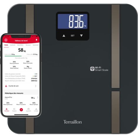TERRAILLON - MASTER FIT ULTRA Balance connectée Wi-Fi, Fréquence cardiaque, Analyse des masses graisseuse, musculaire, hydrique, osseuse et viscérale, IMC, Apport calorique journalier (1/5)