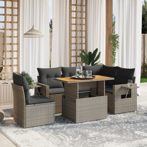 Salon de jardin 6 places en résine tressée gris avec table extensible et coussins amovibles - Modulaire, accoudoirs avec tablette - 100x55x44/73 cm (1/3)
