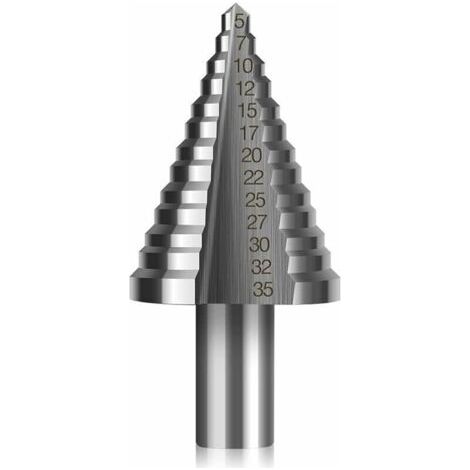 Punta da trapano a gradini HSS, punta da trapano conica a doppia scanalatura (5mm-35mm) con rivestimento in titanio, solida, perfetta per forare acciaio, legno, ottone, alluminio, PVC (codolo rotondo,