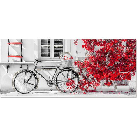 Lupia - Quadro Moderno BRILLANT con Glitter BIKE BOUGANVILLE RED Stampa su Tela Poliestere Decorazione Artigianale Italiana, Arte da Parete per Soggiorno e Ufficio 52x122 cm, telaio Legno