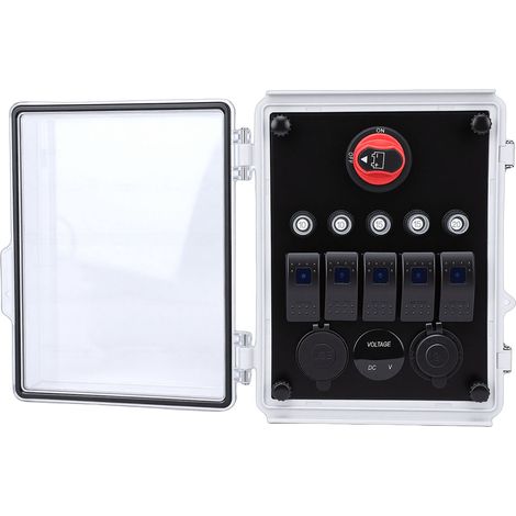 Boîtier d’alimentation étanche IP67 – 5 interrupteurs à bascule, chargeur USB/PD, prise allume-cigare, voltmètre LED, pour camion, camping-car, quad et bateau (1/5)