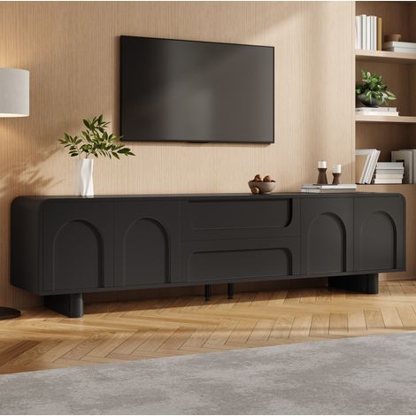 TV-Schrank (180x40x46 cm), mit geschwungenen Frontprägungen, 4 Türen, 2 Schubladen, MDF, Spanplatte, Schwarz (1/5)